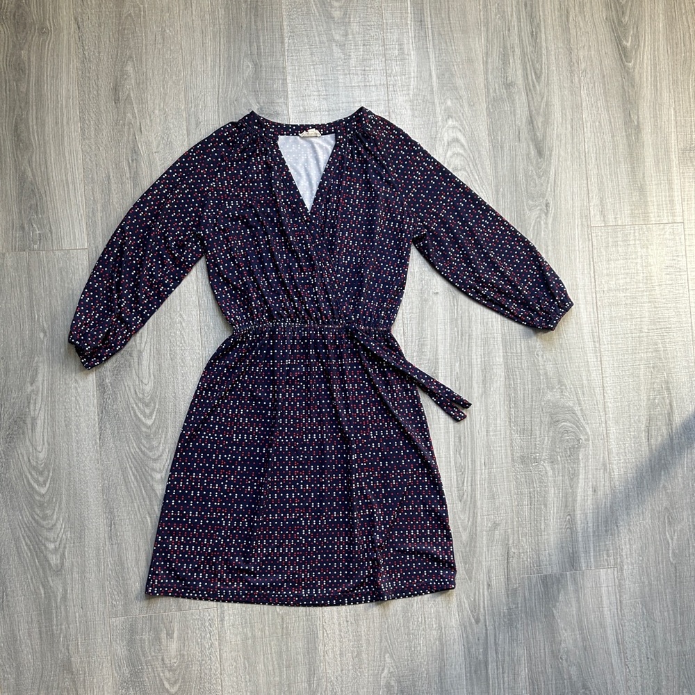 Maison Jules Navy Blue Red Polka Dot Faux Wrap Dress (S)